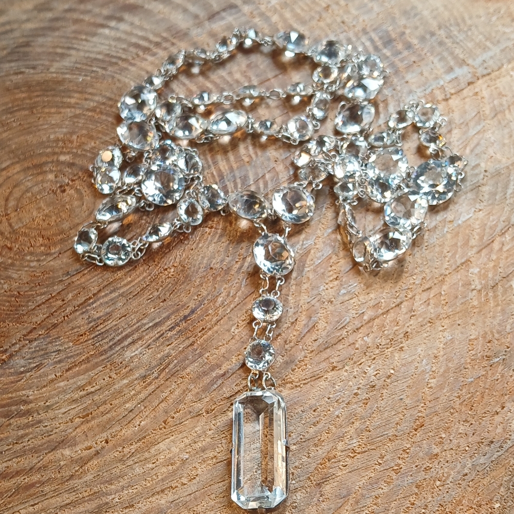 Elegant French Art Deco Silver Faceted Glass Necklace 32"